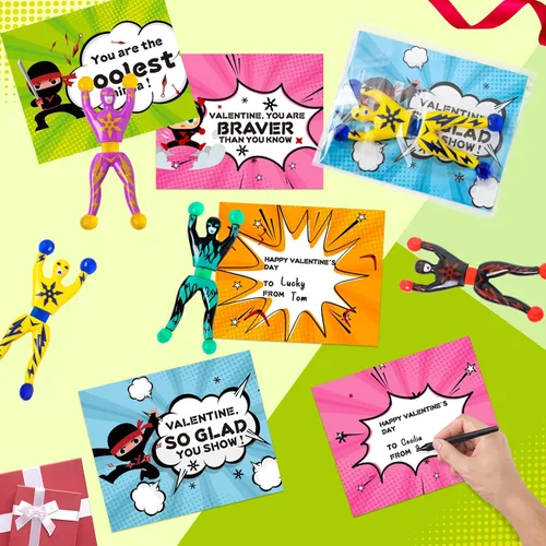 Miniatura 3 de Paquete de 28 tarjetas de regalo para el día de San Valentín para niños con juego de ninja pegajoso para escalada en la pared, juguetes difíciles