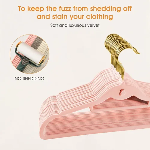 Miniatura 3 de Perchas de terciopelo resistentes para ropa, paquete de 20 unidades, color rosa claro, delgadas, apilables, antideslizantes, con gancho dorado