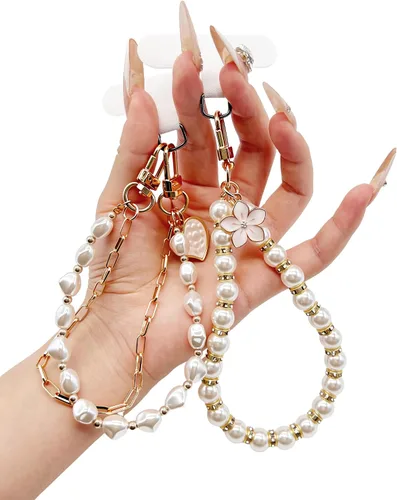 Miniatura 9 de Correa de muñeca para teléfono con cuentas de perlas, pulsera de teléfono desmontable con lengüeta de sujeción, pulsera universal con cuentas