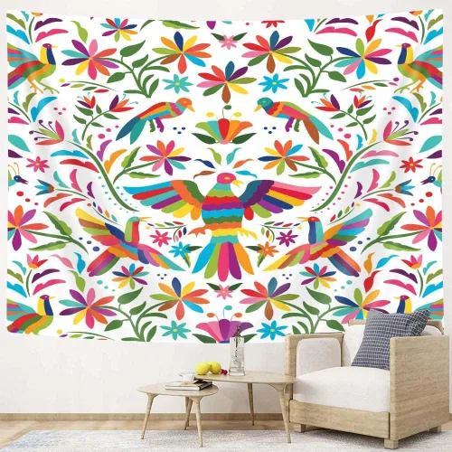 Miniatura 2 de Bzhilja Tapiz mexicano, tapiz tradicional mexicano con diseño de pájaro azul otomi, diseño brillante, flores de cachemira, tapiz de color étnico