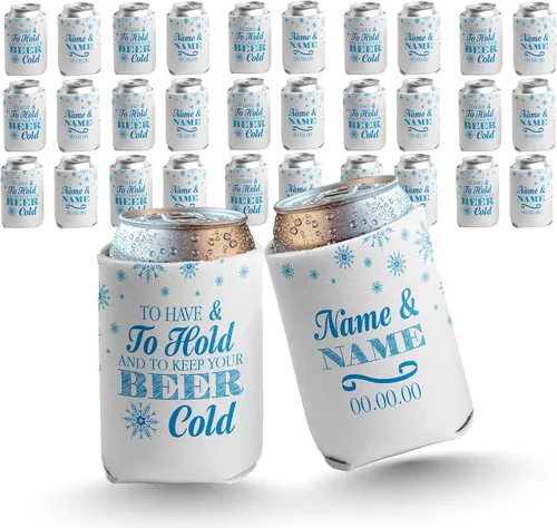 VictoryStore Custom Winter Wedding Can Coolers – To Have and To Hold – Set of 25 Personalized Drink Sleeves for 12–16 oz Cans & Bottles – Wedding