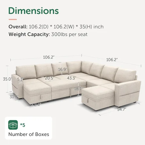 Miniatura 2 de HONBAY Sofá seccional modular con cama extraíble, sofá cama con forma de U extraíble con secciones de almacenamiento para sala de estar - Beige