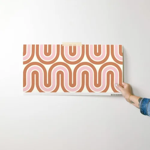 Miniatura 7 de Papel tapiz para despegar y pegar, diseño retro de mediados de siglo, líneas rosadas y marrones, decoración del hogar, olas, papel tapiz extraíble