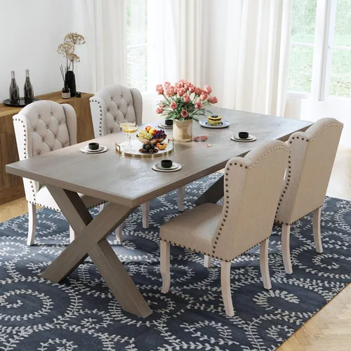 Miniatura 6 de Ya-Home Juego de 2 sillas de comedor copetudas, sillas de comedor tapizadas de lino, sillas de comedor modernas de mediados de siglo con adornos