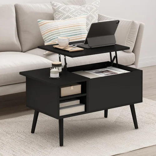 Miniatura 2 de Furinno Jensen - Mesa auxiliar de madera con parte superior elevadora de patas con compartimento oculto y estante lateral abierto para sala