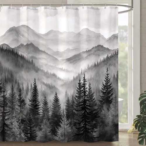 Miniatura 21 de Cortina de ducha Stall pequeña de bosque brumoso en blanco y negro, gris degradado, árbol de pino de montaña, tela impermeable, cortinas de ducha