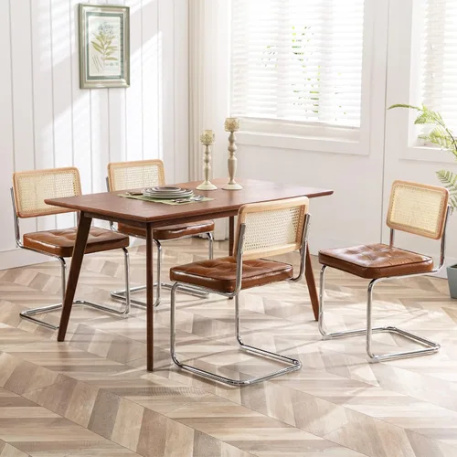 Miniatura 4 de ONEVOG Juego de 2 sillas de comedor de piel sintética, sillas de cocina modernas de mediados de siglo con respaldo de ratán natural y patas de metal