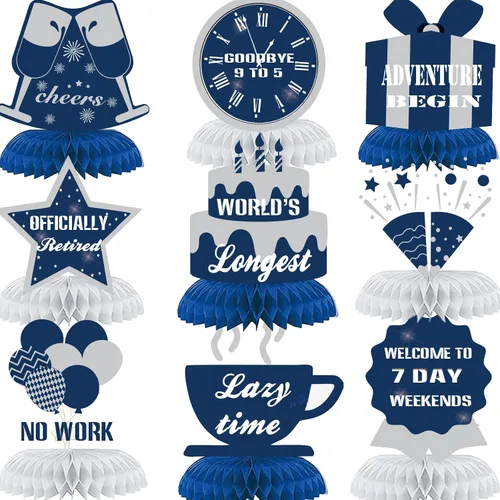 9 piezas de decoración de feliz jubilación, centros de mesa de nido de abeja, suministros de fiesta, azul y plateado, letrero de aventura de
