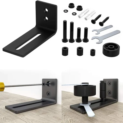 Miniatura 8 de WINSOON Guía de suelo para puerta corrediza de granero, accesorios montados en la pared para rodillos de estancia ajustables con parte inferior Negro