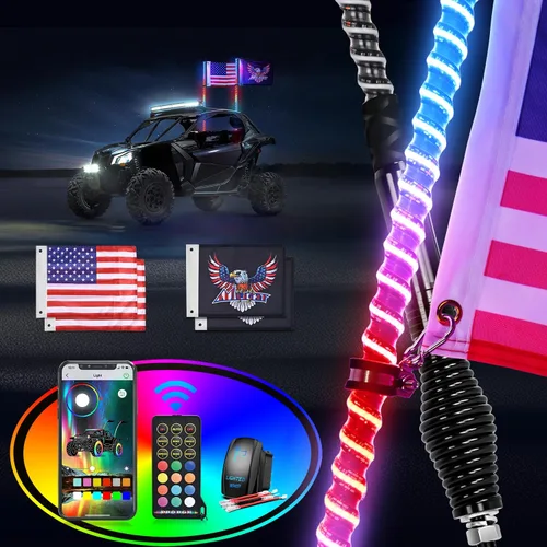 Miniatura 20 de Nilight 2 luces LED RGB en espiral de 3 pies con base de resorte, luz de persecución RF, control remoto, látigos de antena iluminados para Can-Am