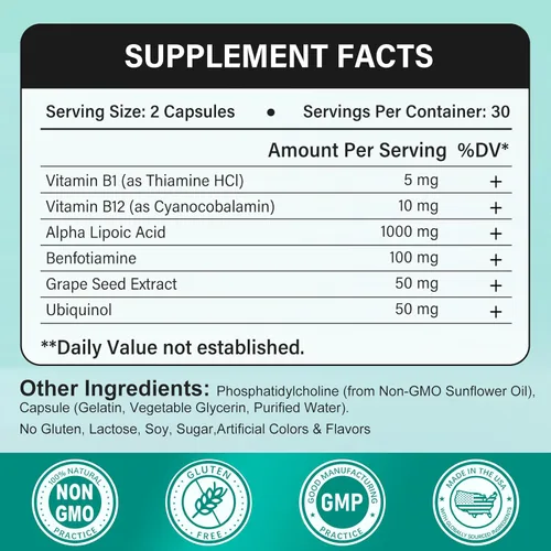 Miniatura 2 de Ácido alfa lipoico 1000 mg Suplemento de apoyo nervioso 6 en 1 con benfotiamina, B1, B12, semilla de uva y ubiquinol sin OMG, 60 cápsulas