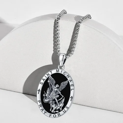 Miniatura 60 de Odinstone Collar de plata de ley 925 con medalla de San Miguel/San Cristóbal/San Benito/Crucifijo de Jesús/San Uriel/Arcángel Rafael para hombres