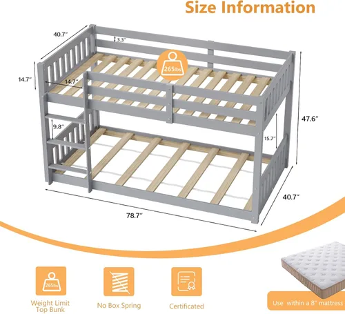 Miniatura 2 de JOYMOR Litera baja de madera maciza individual sobre individual para niños/jóvenes, marco de cama con barandillas y escalera para niños y niñas,