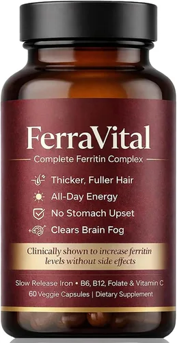 Suplemento de hierro de apoyo de ferritina para mujeres, soporta niveles saludables de hierro y energía, con glicina ferrosa, vitamina C, B12, B6,