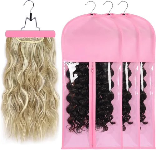 Miniatura 9 de 3 piezas de bolsa de almacenamiento extralarga para pelucas con colgador de madera, bolsa de almacenamiento para extensiones de cabello con Rosa Hot
