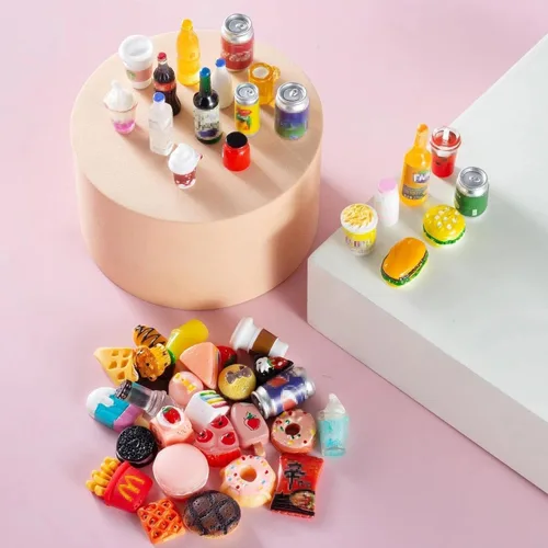 Miniatura 7 de 50 piezas de botellas en miniatura de comida y bebida, latas de refresco, accesorios de juego de cocina de simulación, juguetes de Hamburgo, pastel