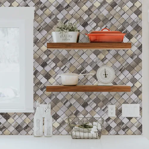 Miniatura 6 de STICKGOO Azulejo árabesco para salpicaduras de pelar y pegar, para salpicaduras de cocina y baño, grano de madera dorada con aspecto de mármol, PVC