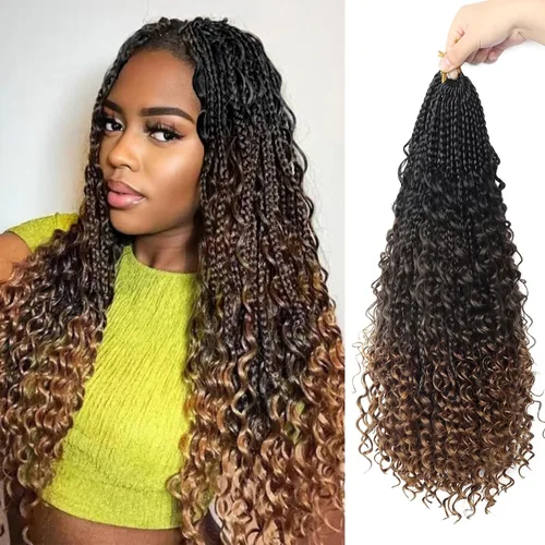 Miniatura 64 de Goddess Box Braids - Trenzas de cabello a ganchillo con extremos rizados, trenzas de caja bohemianas de 16 pulgadas, trenzas de ganchillo, 8 1B-4-30