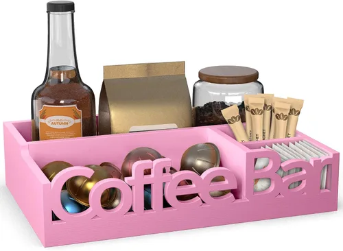 Miniatura 13 de Organizador de Barra de Café para Encimera – Caddy de Estación de Café de Madera con Compartimentos para Cápsulas, Condimentos, Té y Accesorios