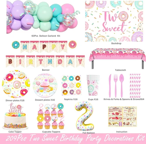 Miniatura 2 de Hombae Dos dulces decoraciones de fiesta de cumpleaños, suministros de dona para 2ª fiesta, telón de fondo, globo, mantel con platos, servilletas
