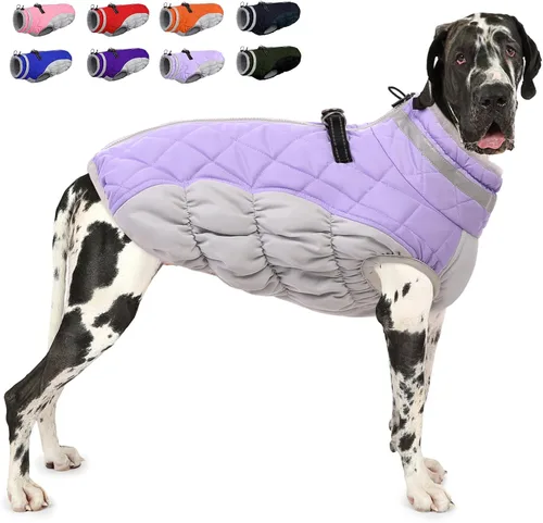 Miniatura 9 de AOFITEE Abrigo para perro, chaquetas cálidas para perros grandes, abrigo reflectante de cuello alto para perros con arnés integrado, impermeable