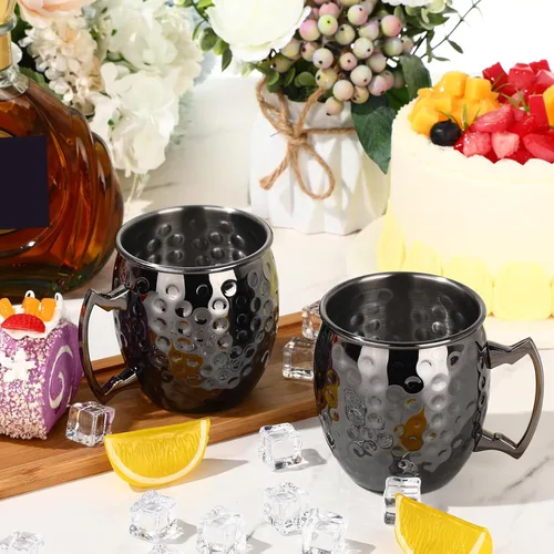 Miniatura 5 de Hoolerry 12 tazas Moscow Mule de acero inoxidable negro a granel Moscú chapado en cobre tazas con asa de 12 onzas con acabado martillado taza
