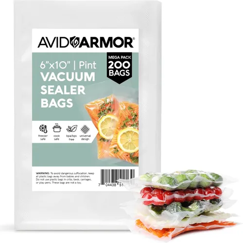 Avid Armor Bolsas selladoras al vacío de 200 pintas, tamaño de 6 x 10 pulgadas, para guardar alimentos, selladores de aspiradora de comidas, sin