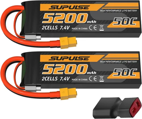 SUPULSE Batería Lipo de 7.4 V 2S 5200mAh 50C RC Batería con enchufe XT60 para avión RC Barco RC Truck RC (2 paquetes)