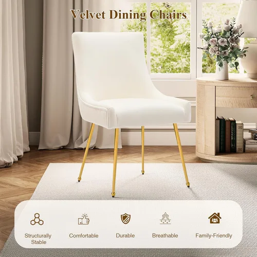 Miniatura 7 de adochr Juego de 2 sillas de comedor modernas con patas de metal dorado, silla de cocina tapizada de terciopelo, respaldo plisado, silla decorativa