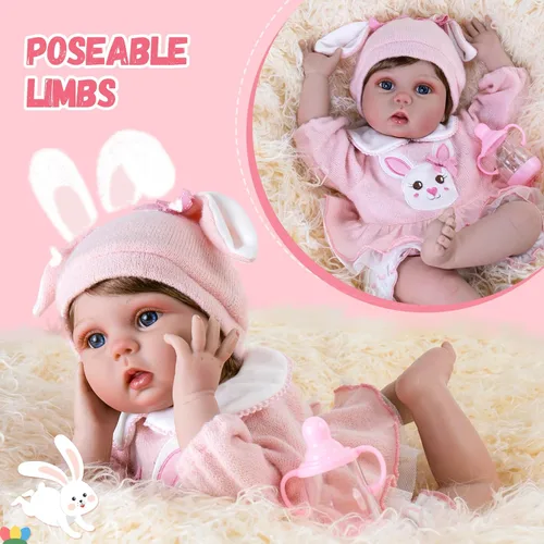 Miniatura 4 de Aori Reborn Baby Doll - muñeca de niña realista de 22 pulgadas con set de conejitos, seguro para niños de 3 años Rosa