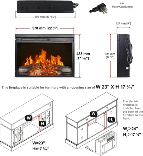 Miniatura 5 de Chimenea eléctrica de 23 pulgadas, llama y troncos realistas, brillo de 4 llamas ajustables, inserto de chimenea con control remoto, temporizador