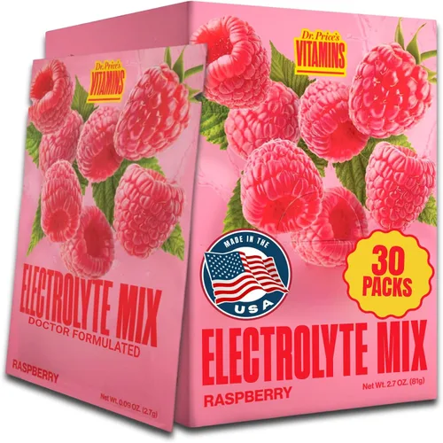 Dr. Price's Vitamins, Mezcla de electrolitos: Fórmula de súperhidratación + oligoelementos, Sabor a frambuesa (Paquete de 30 polvos), Mezcla de