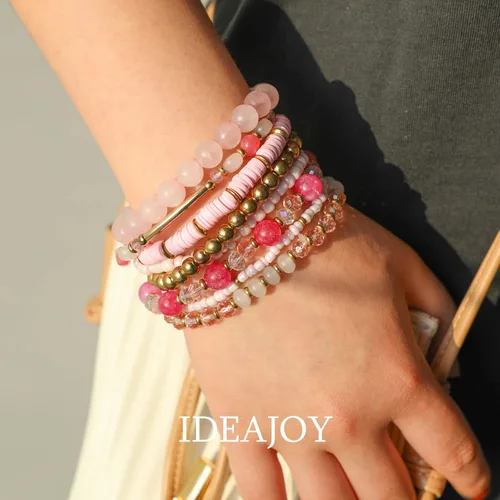 Miniatura 9 de IDEAJOY Pulseras rosas bohemias de cuentas de varias capas apilables, conjunto de 8 piezas de hebra elástica versátil con cuentas brillantes