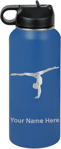 Miniatura 51 de LaserGram Botella de agua personalizada, gimnasta niña, acero inoxidable de doble pared aislada al vacío con popote superior, regalo grabado Azul