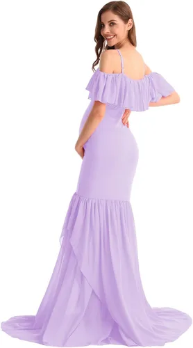Miniatura 30 de MYRISAM Vestido de maternidad con volantes y hombros descubiertos para mujer, vestido de fiesta de sirena de gasa, vestido ajustado