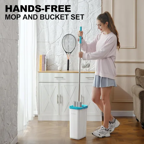 Miniatura 8 de Juego de trapeador y cubo, mopas para limpieza de suelos turquesa-cian, trapeador de pared con mango largo, sistema de trapeador plano y cubo, mopa