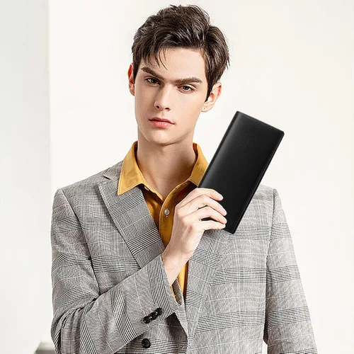 Miniatura 6 de FALAN MULE Cartera de cuero genuino con bloqueo RFID delgada con tarjetero largo plegable para tarjetas de crédito para hombres, Negro -, Moda