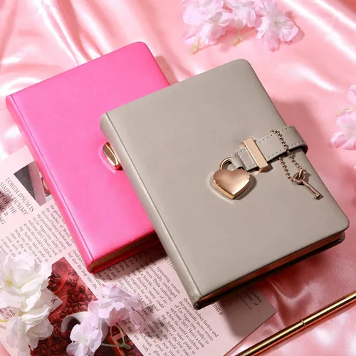 Miniatura 4 de Agenda personalizada con cerradura y llave para niñas, tamaño B6 de 5.3 x 7 pulgadas, 290 páginas con bordes dorados, cierre de corazón dorado