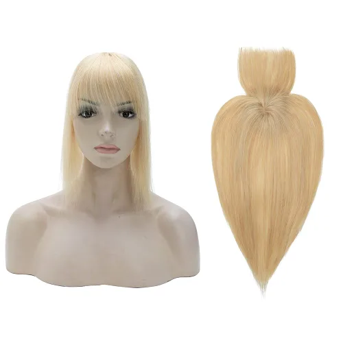 MY-LADY Top Hairpieces para mujer con flequillo, base monofónica natural, 100% cabello humano real, clip en pieza de cabello, parte media para