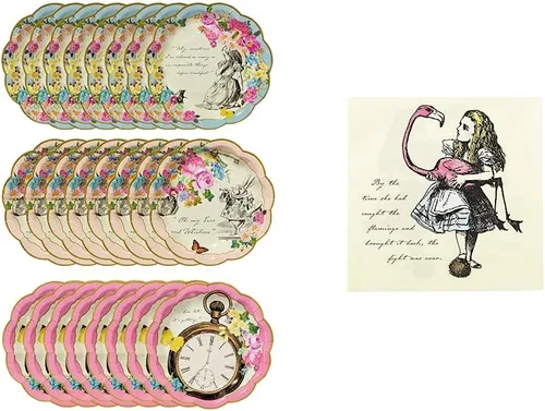 Miniatura 8 de Talking Tables Paquete de 24 platos de papel desechables con temática de Alicia en el país de las maravillas, color rosa y juego de tazas