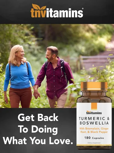 Miniatura 5 de tnvitamins Complejo de cúrcuma y boswellia (180 cápsulas) con raíz de jengibre, bromelina y extracto de pimienta negra Fórmula Joint-Easy: Potente