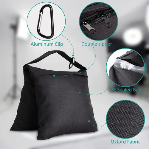 Miniatura 3 de Paquete de 2 bolsas de arena con peso para soporte ligero, soporte de fotografía y video, alforjas resistentes para soporte de fondo, trípode