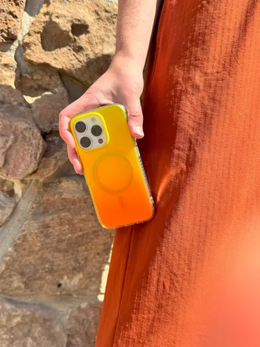 Miniatura 6 de Funda degradada para iPhone 14 Pro - Diseño multicolor degradado naranja y amarillo, resistente a los impactos y con imanes
