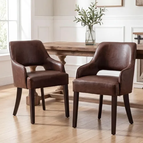 Juego de 2 sillas de comedor tapizadas de piel sintética de estilo granja para cocina con brazos, sillas laterales con acento de madera para sala de