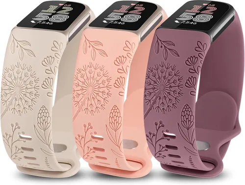 Miniatura 18 de Minyee Paquete de 3 bandas grabadas florales compatibles con Fitbit Charge 6 bandas/Fitbit Charge 5 bandas para mujer, lindo diseño de flores