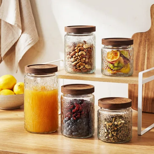 Miniatura 5 de Suclain 5 tarros de vidrio vintage de girasol con tapa hermética de bambú de 17/24/34 onzas, almacenamiento para cocina, encimera, despensa, harina
