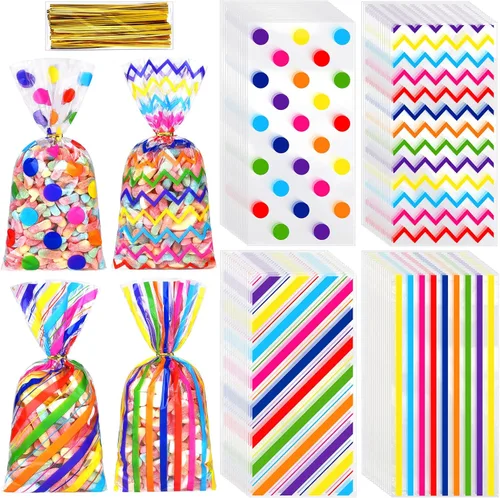 Miniatura 8 de Aodaer 100 bolsas de celofán rosa de 10.6 x 5.1 pulgadas, bolsas de plástico de celofán, bolsa de regalo con patrón de rayas de lunares, bolsa