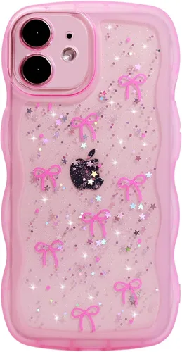 Miniatura 140 de Qokey Funda para iPhone 12 Pro Max de 6.7 pulgadas, diseño de onda rizada, borde transparente, brillante con purpurina, estrella brillante, bonita