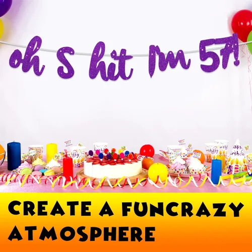 Miniatura 5 de Oh S*it I'm 57! - Pancarta de fondo con purpurina púrpura Hello 57 Cheers to 57 años de edad, decoración temática para niños y niñas, suministros