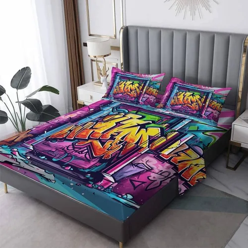 Miniatura 11 de Graffiti Sheets - Juego de sábanas tamaño individual, sábanas de microfibra suave, bolsillo profundo, sábanas y fundas de almohada estampadas sin